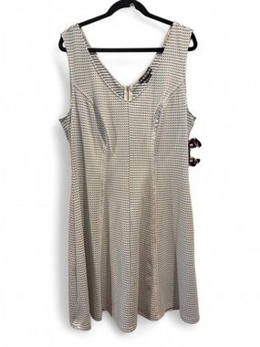 paper doll White & Blue Sleeveless V-Neck A-Line Midi Dress with Subtle Pattern